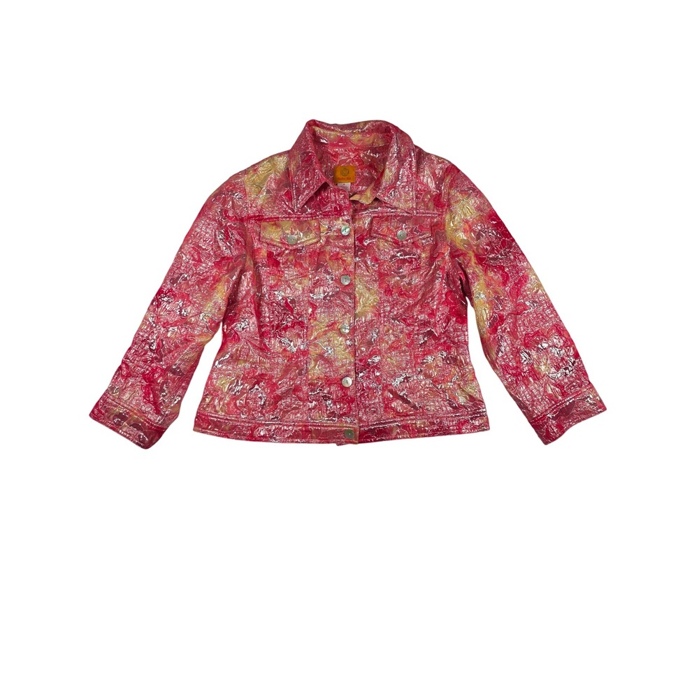 Metallic Crinkle Statement Jacket Pink Gold Shimmer Button Front 6 Glam Y2K